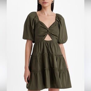 Express olive green V-Neck Puff Sleeve Cutout Tiered Mini Dress